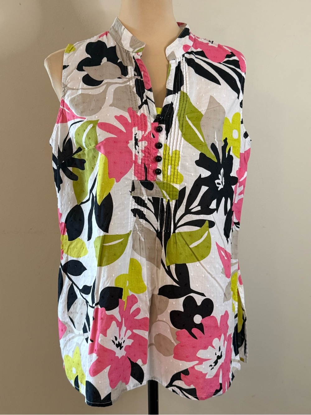Charter Club Petite sleeveless floral Swiss dot top SZ 14P small flaw